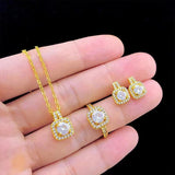 Zircon Gem Gold Stud Earrings, Ring and Pendant Necklace Set