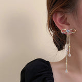 Silver Needle Long Bow Tie Full-Jeweled Stud Earrings