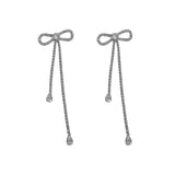 Silver Needle Long Bow Tie Full-Jeweled Stud Earrings