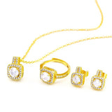 Zircon Gem Gold Stud Earrings, Ring and Pendant Necklace Set