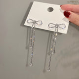 Silver Needle Long Bow Tie Full-Jeweled Stud Earrings