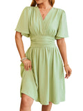 V-Neck Short-Sleeved Bell-Sleeved Dress