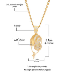 Pray Hands With Rosary Cross Pendant Necklace