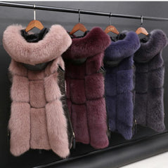 Women Fox Fur Zipper Stitch Hooded Coat
