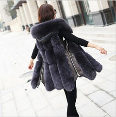 Women Fox Fur Zipper Stitch Hooded Coat