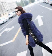 Women Fox Fur Zipper Stitch Hooded Coat