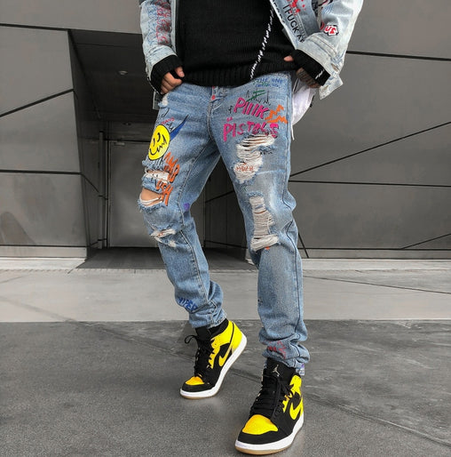 Man's Hip Hop Broken Graffiti Print Denim Pants