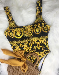 Gold Print floral Women Classic Swimming set