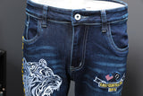 Tiger Head Printing Holes Patch Jeans Pants