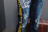 Tiger Head Printing Holes Patch Jeans Pants