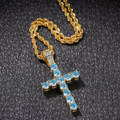 Blue CZ Cross Hip Hop Pendant Necklace