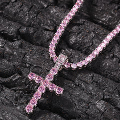 4mm Pink CZ Cross Pendant Necklace