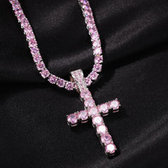 4mm Pink CZ Cross Pendant Necklace