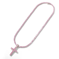 4mm Pink CZ Cross Pendant Necklace