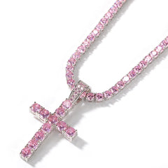 4mm Pink CZ Cross Pendant Necklace