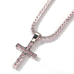 4mm Pink CZ Cross Pendant Necklace