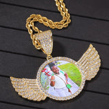 Wing Round Tag Hip Hop Photo Pendant Necklace