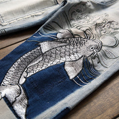 Men's Vintage Carp Embroidery Jeans Pants